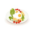Fried egg pieces of cheese lettuce on a white plate breakfast